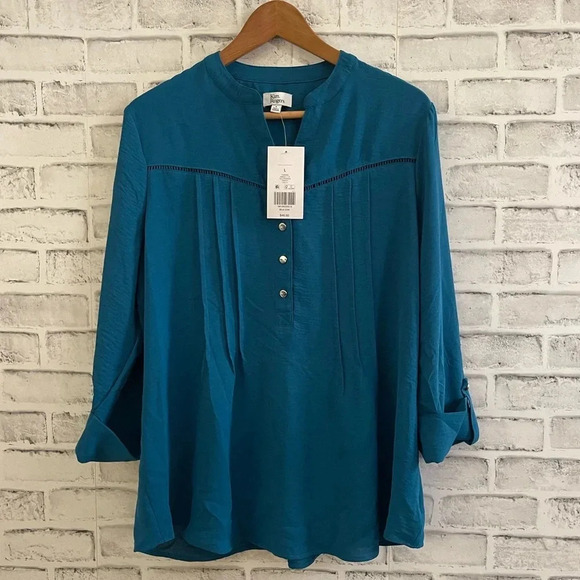 Women’s Kim Rogers teal peacock Henley tunic top Large - Picture 1 of 5